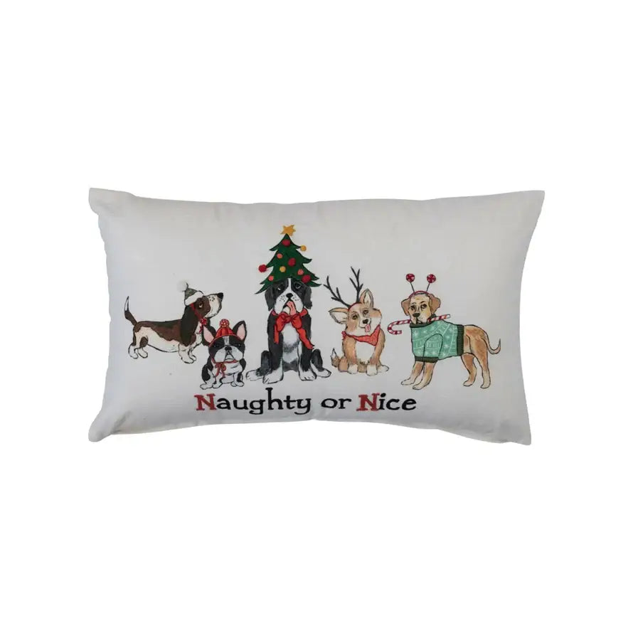 Cotton Slub Lumbar Pillow w/ Dogs - Christmas