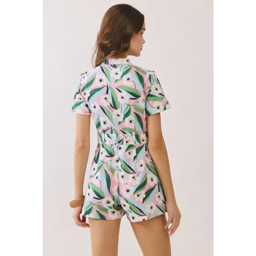 CP10345-Floral Print Front Zipper Up Belted Romper