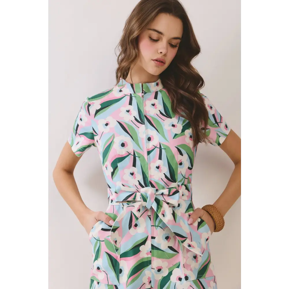 CP10345-Floral Print Front Zipper Up Belted Romper