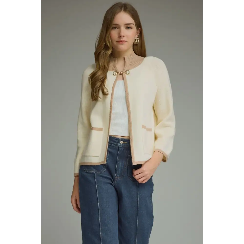 Cream Cardigan with Front Hook Closure - S - Cardigan