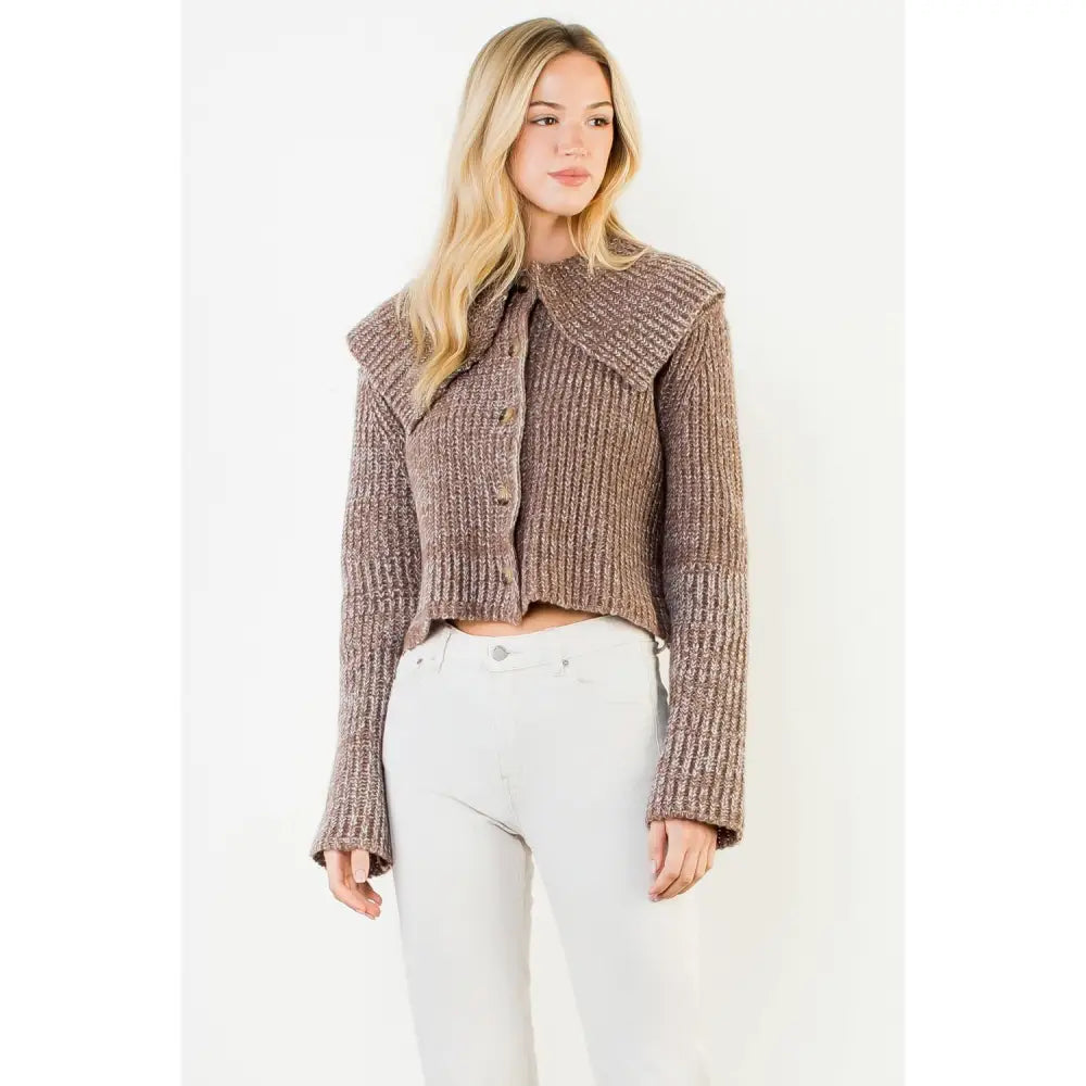 Cropped Knitted Collar Cardigan - XS-S-M-L(1-2-2-1) / BROWN