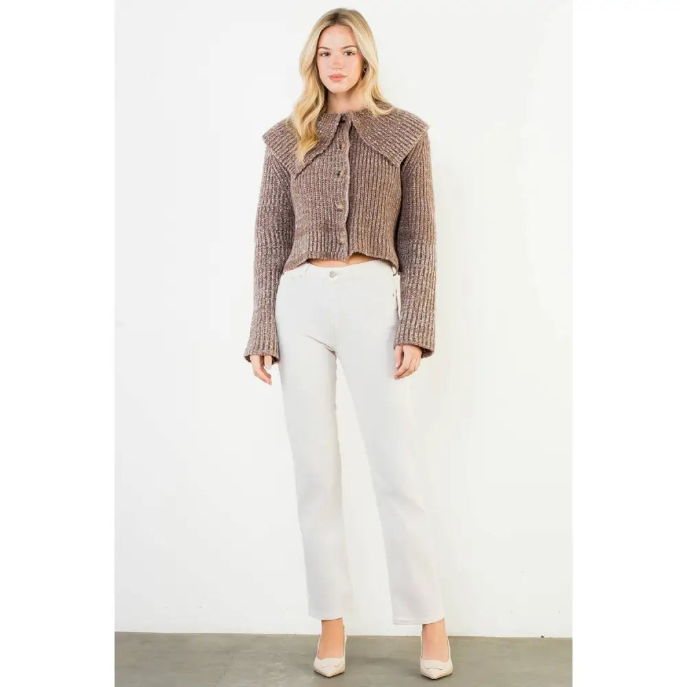 Cropped Knitted Collar Cardigan - XS-S-M-L(1-2-2-1) / BROWN