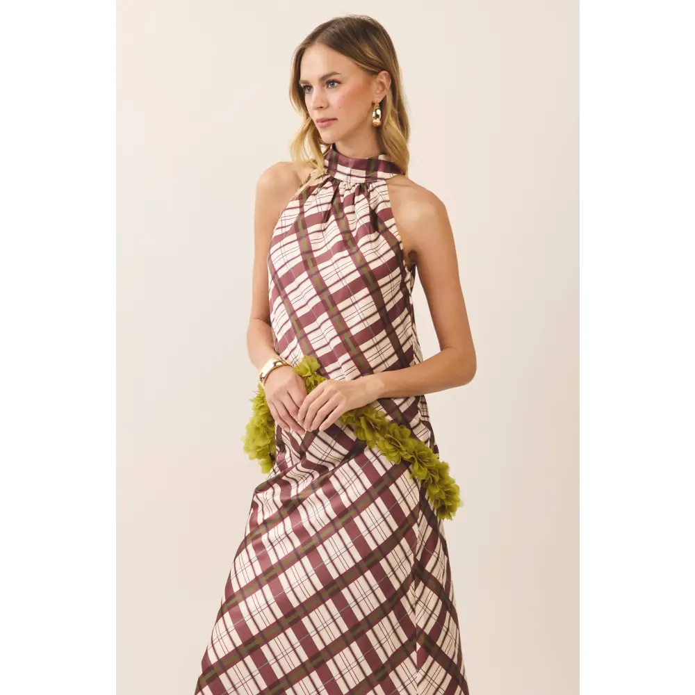 CT10283-Plaid Floral Applique Halter Top