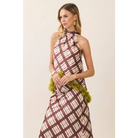 CT10283-Plaid Floral Applique Halter Top