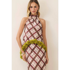 CT10283-Plaid Floral Applique Halter Top - L / OLIVE