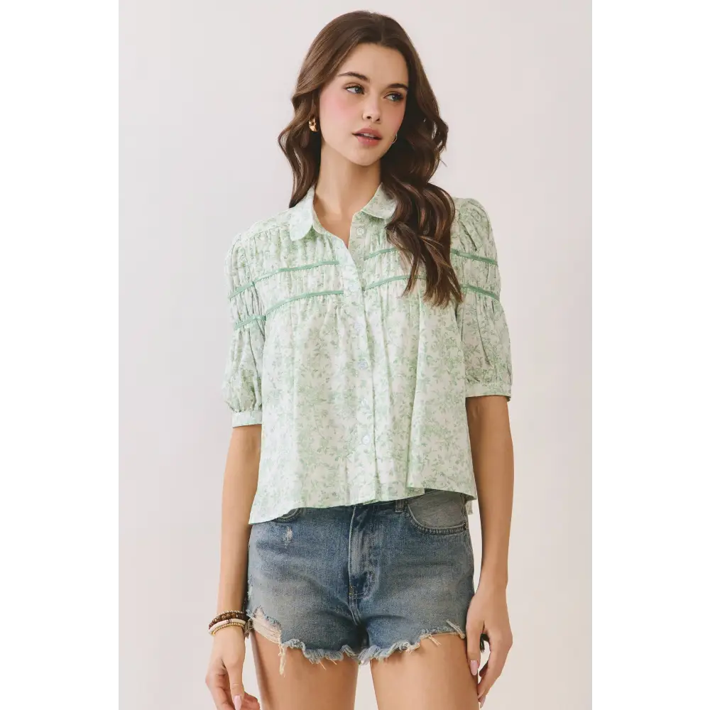 CT9819-Floral Print Pintuck Button Down Puff Sleeve Blouse - Green / S