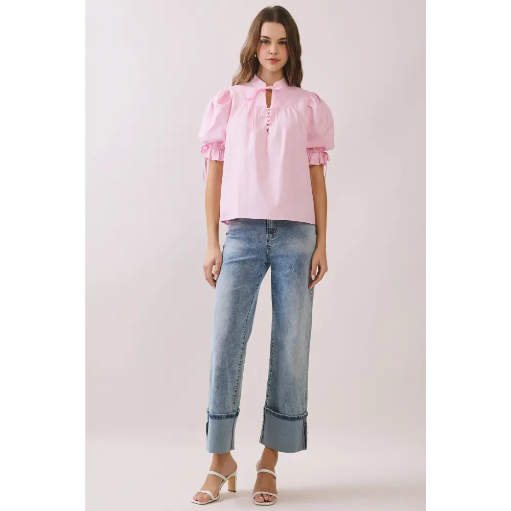CT9871-Soft Stand Collar With Tie Neck Puff Sleeve Blouse