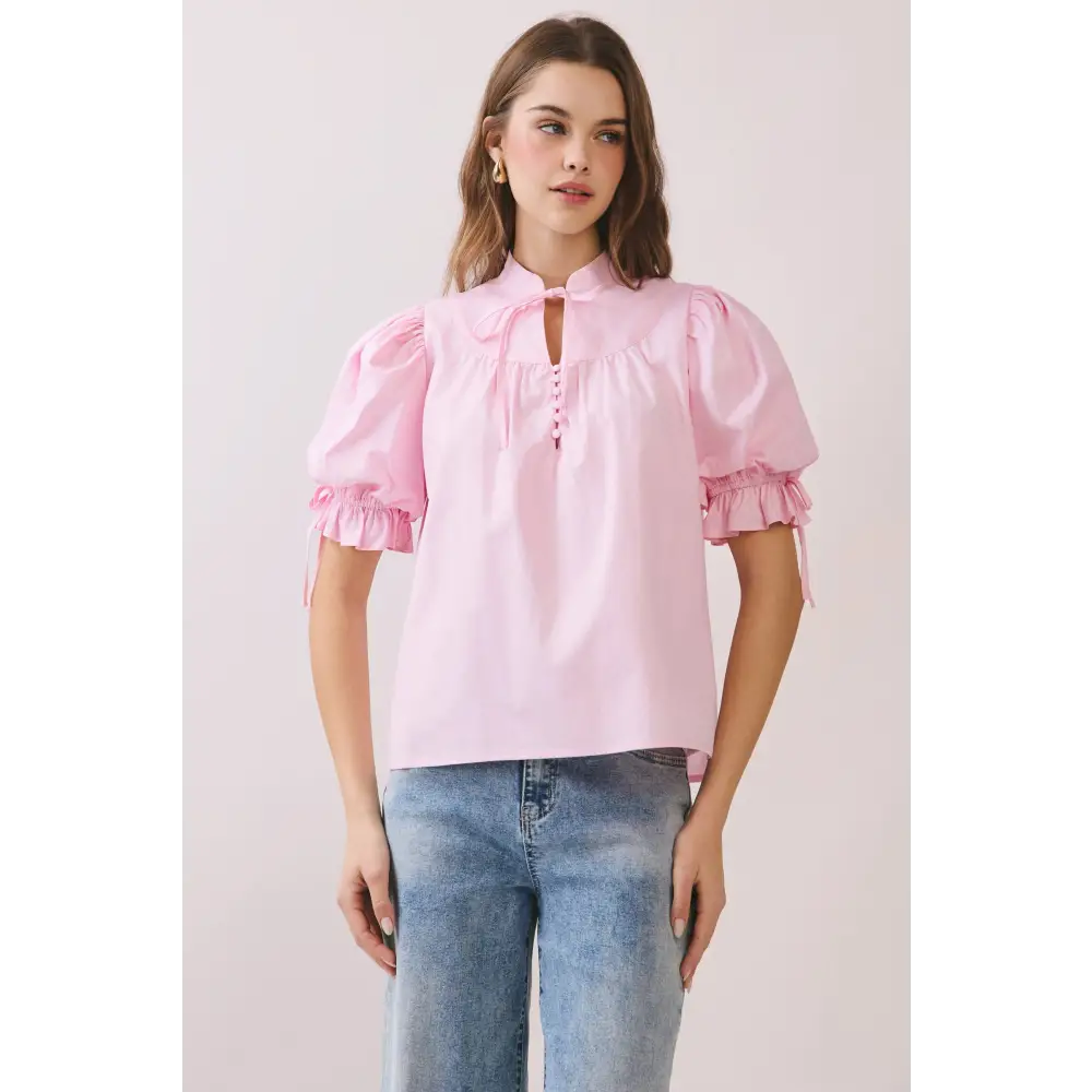 CT9871-Soft Stand Collar With Tie Neck Puff Sleeve Blouse
