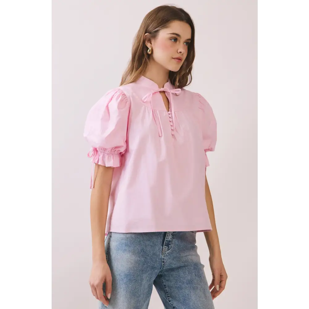CT9871-Soft Stand Collar With Tie Neck Puff Sleeve Blouse