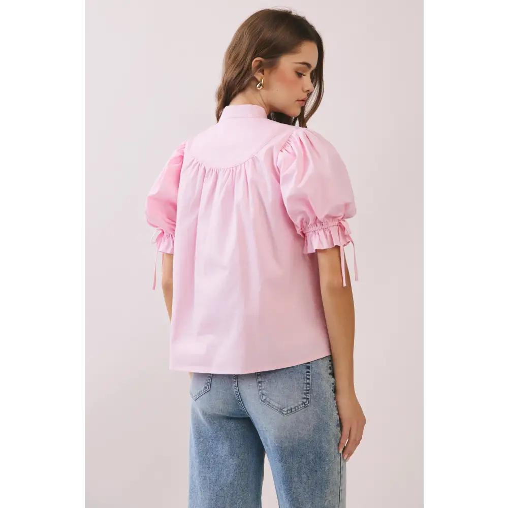 CT9871-Soft Stand Collar With Tie Neck Puff Sleeve Blouse