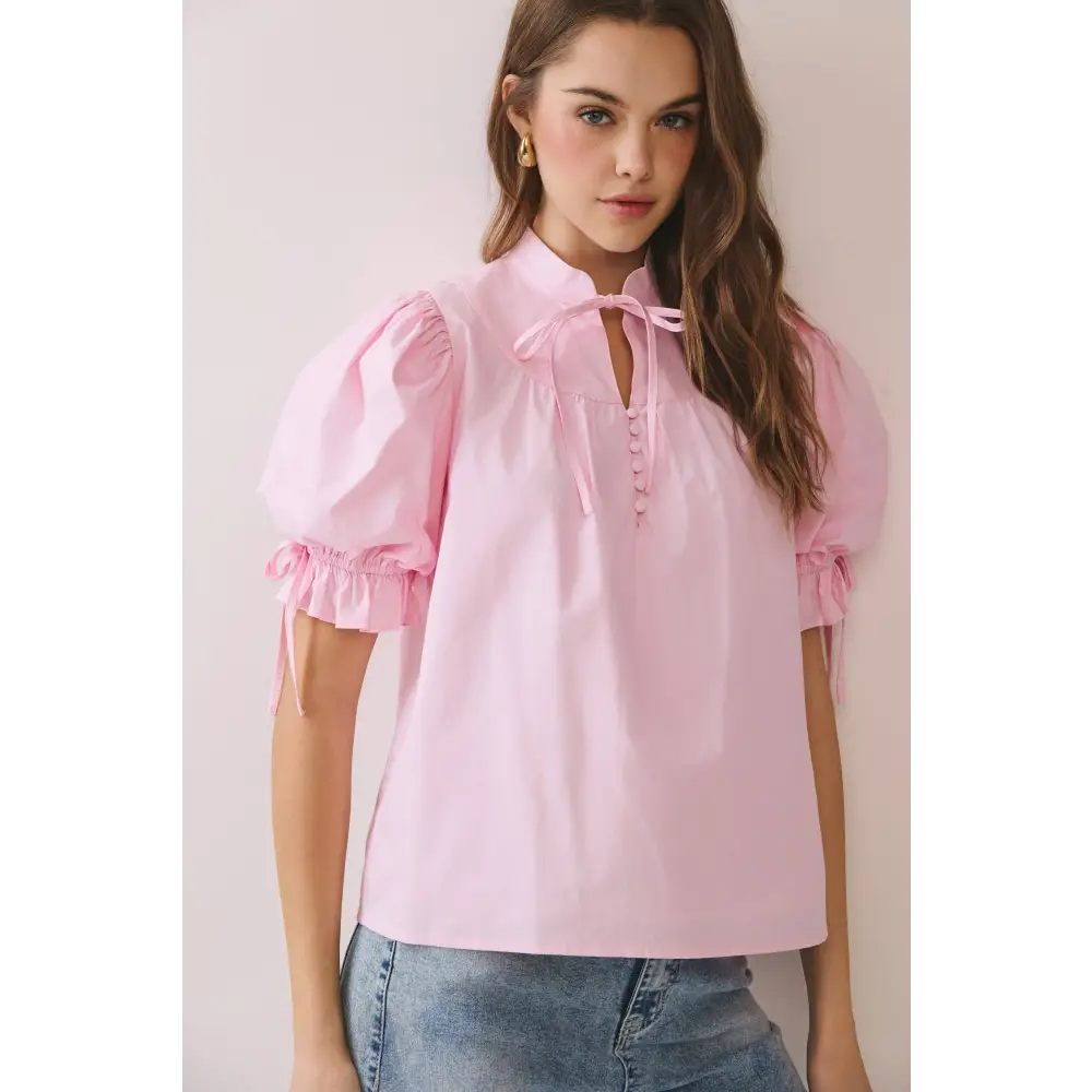 CT9871-Soft Stand Collar With Tie Neck Puff Sleeve Blouse - L / Pink
