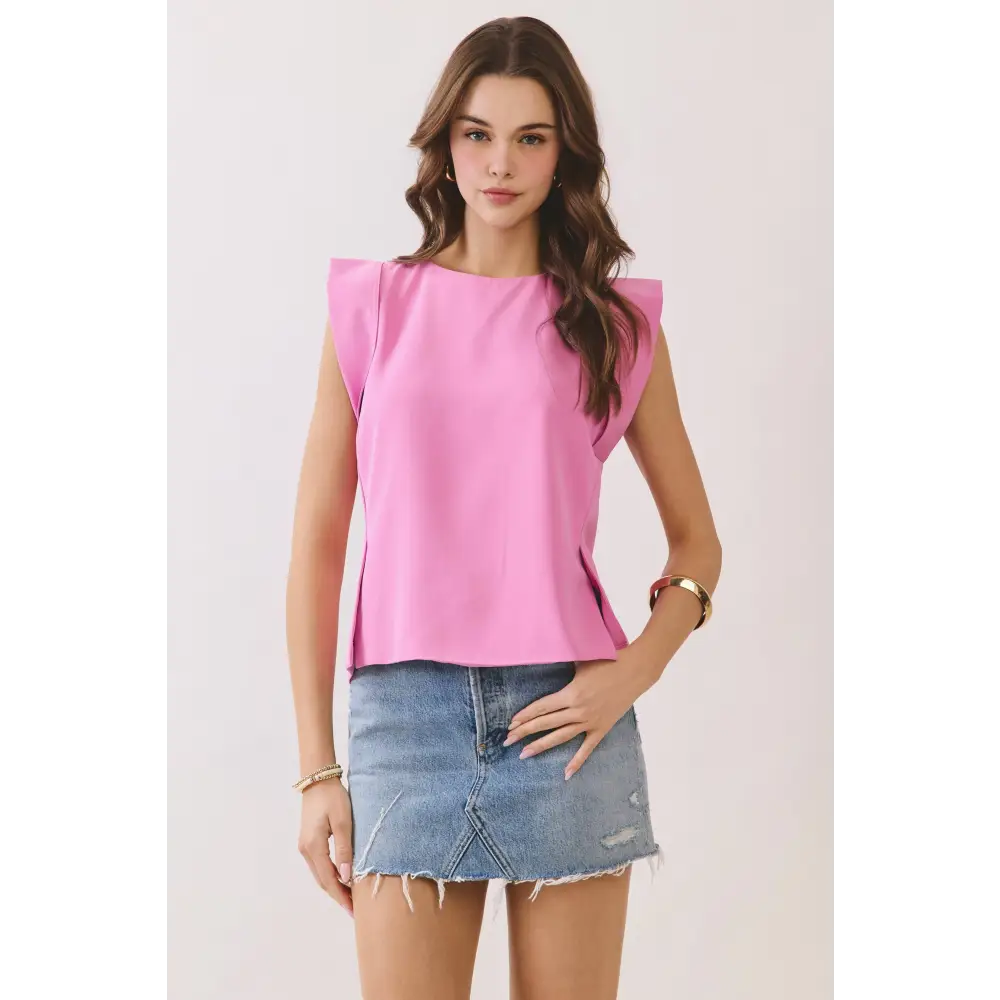 CT9930-Structured Shoulder Accent Sleeveless Top - M / Pink