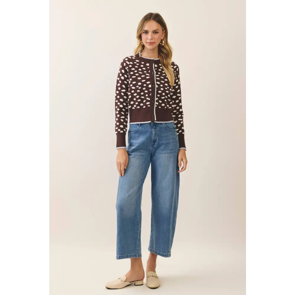 CW2683-Spotted Print Contrast Trim Knit Cardigan