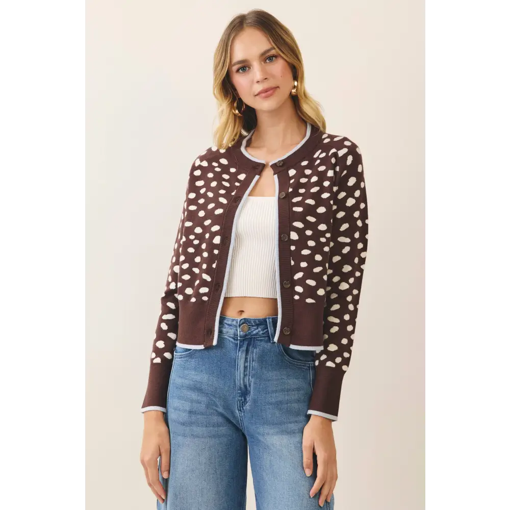 CW2683-Spotted Print Contrast Trim Knit Cardigan