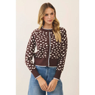 CW2683-Spotted Print Contrast Trim Knit Cardigan - L / Brown