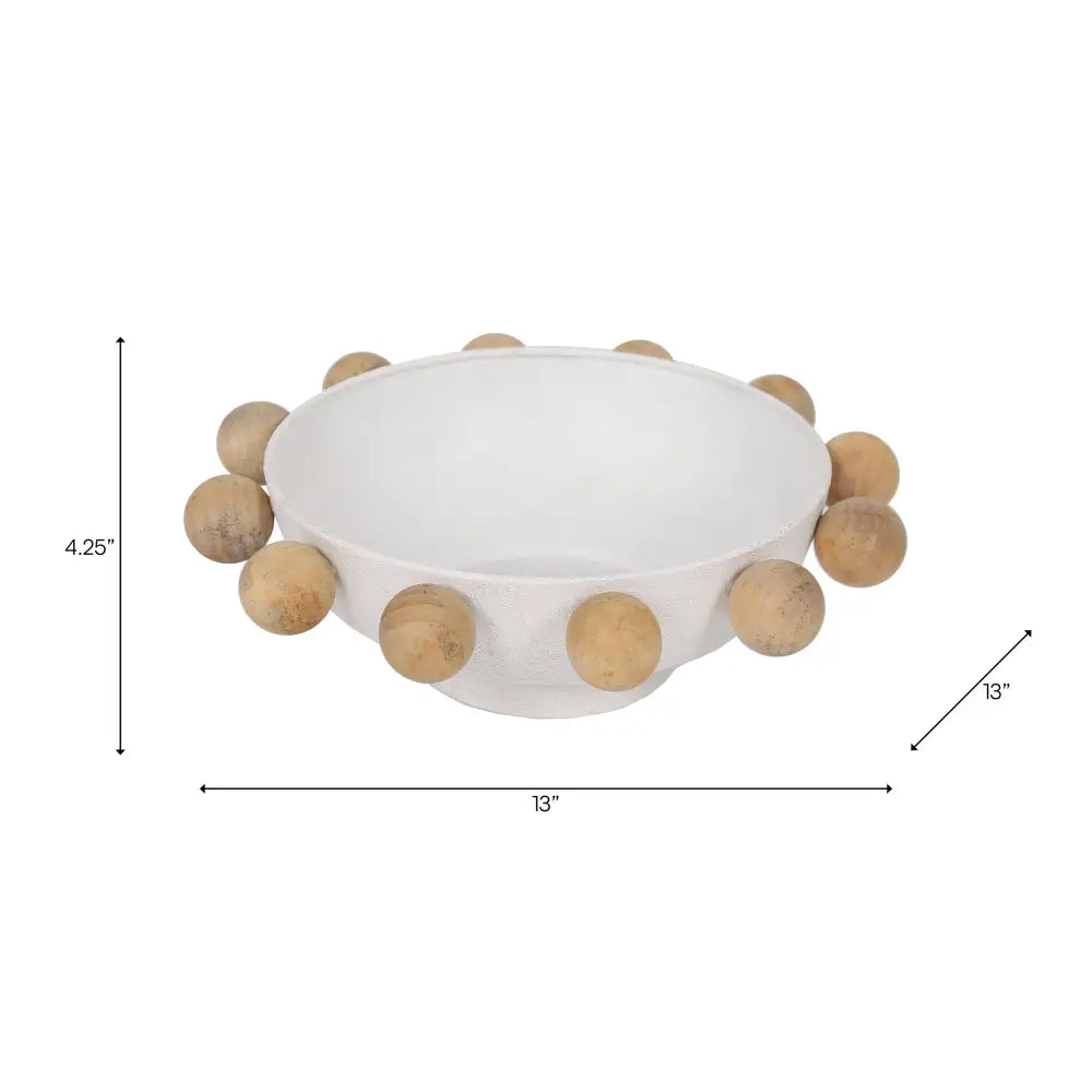 Decorative Bowl - White Wood/Metal Round Large Knobs 13 in.