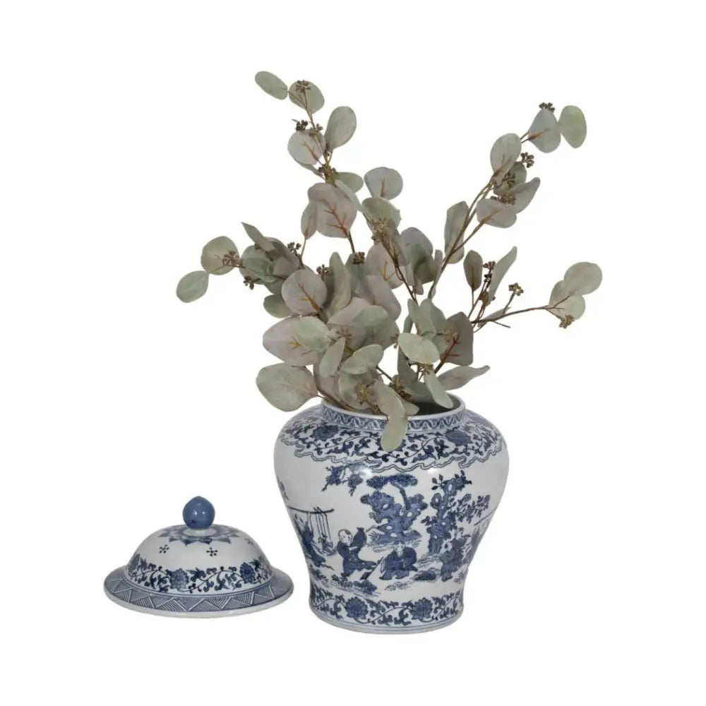 Decorative Jar - Blue Ceramic Blossoms Temple 15 in.