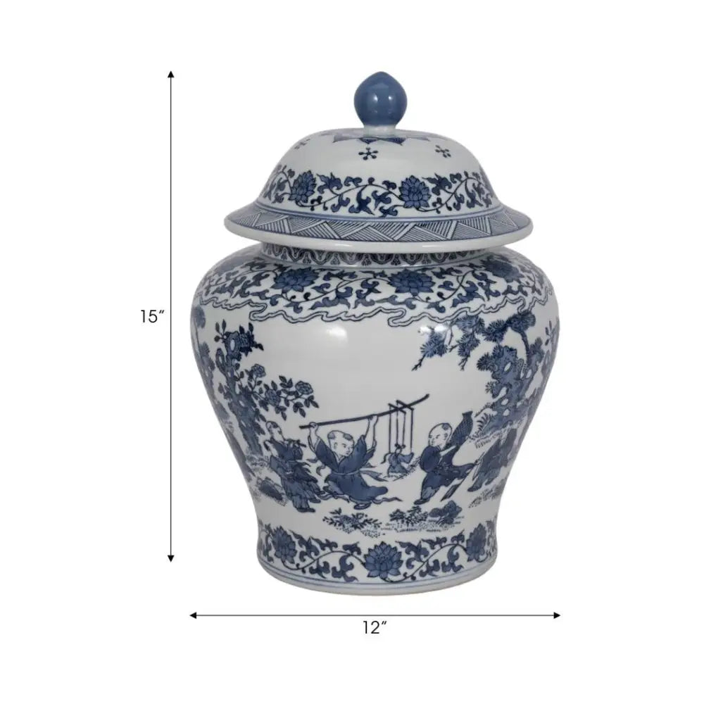 Decorative Jar - Blue Ceramic Blossoms Temple 15 in.