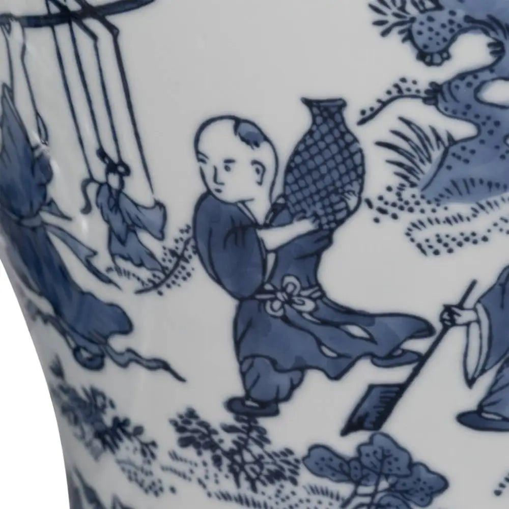 Decorative Jar - Blue Ceramic Blossoms Temple 15 in.