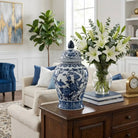 Decorative Jar - Blue Ceramic Flowers Temple Style 19 in.