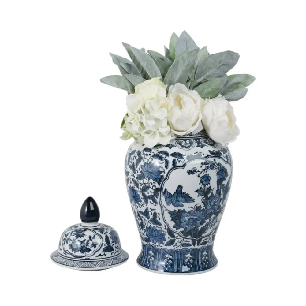Decorative Jar - Blue Ceramic Flowers Temple Style 19 in.