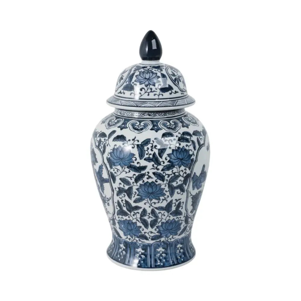 Decorative Jar - Blue Ceramic Flowers Temple Style 19 in.
