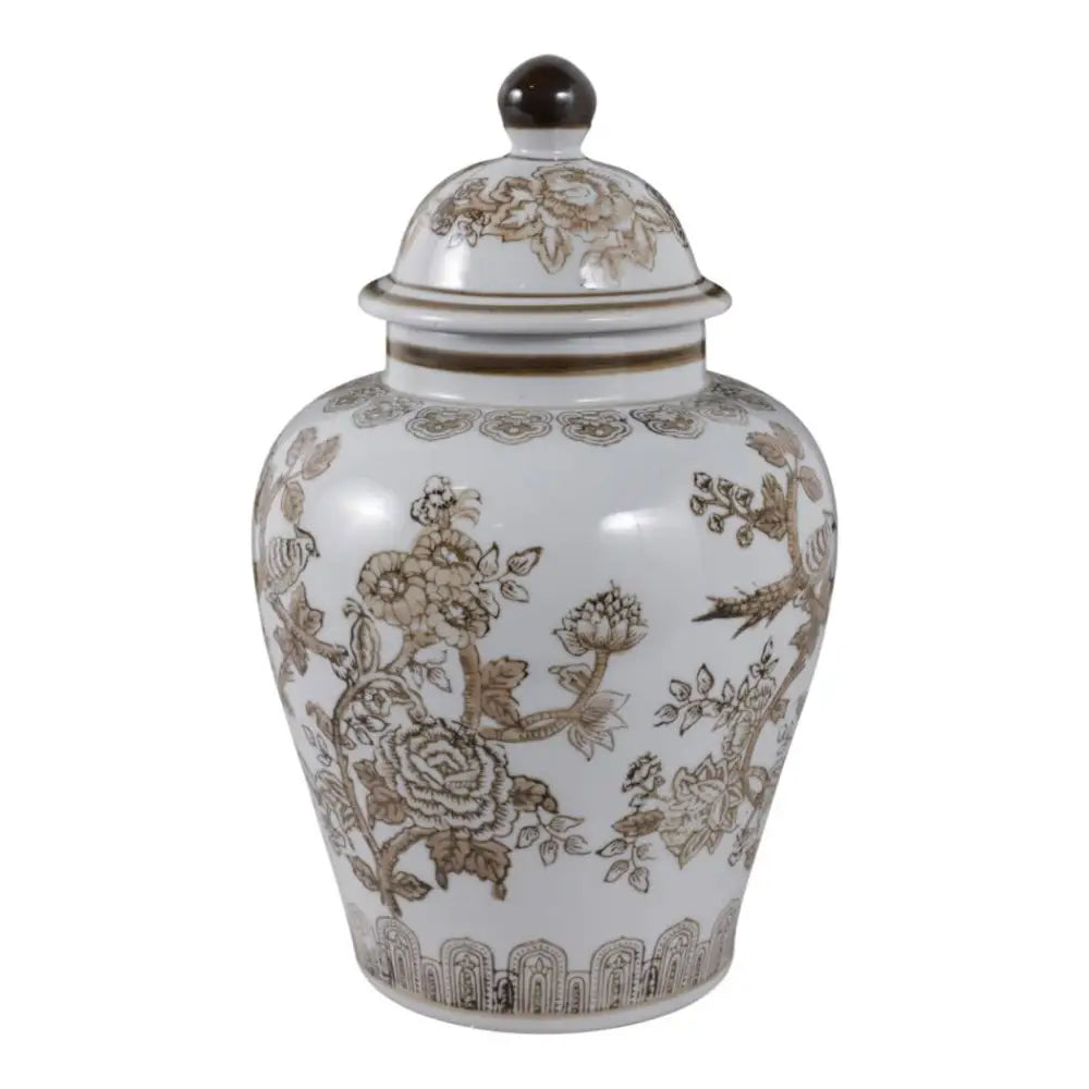 Decorative Jar - Brown/White Ceramic Chinoiserie Bird 12