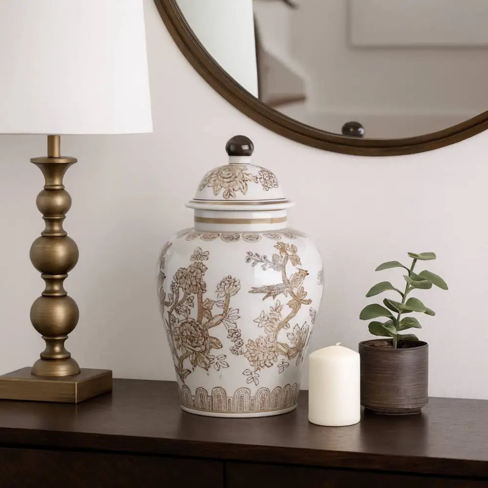 Decorative Jar - Brown/White Ceramic Chinoiserie Bird 12