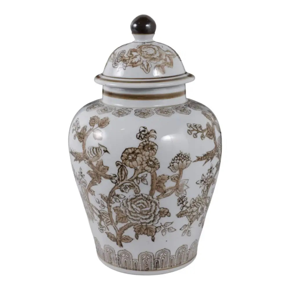Decorative Jar - Brown/White Ceramic Chinoiserie Bird 12