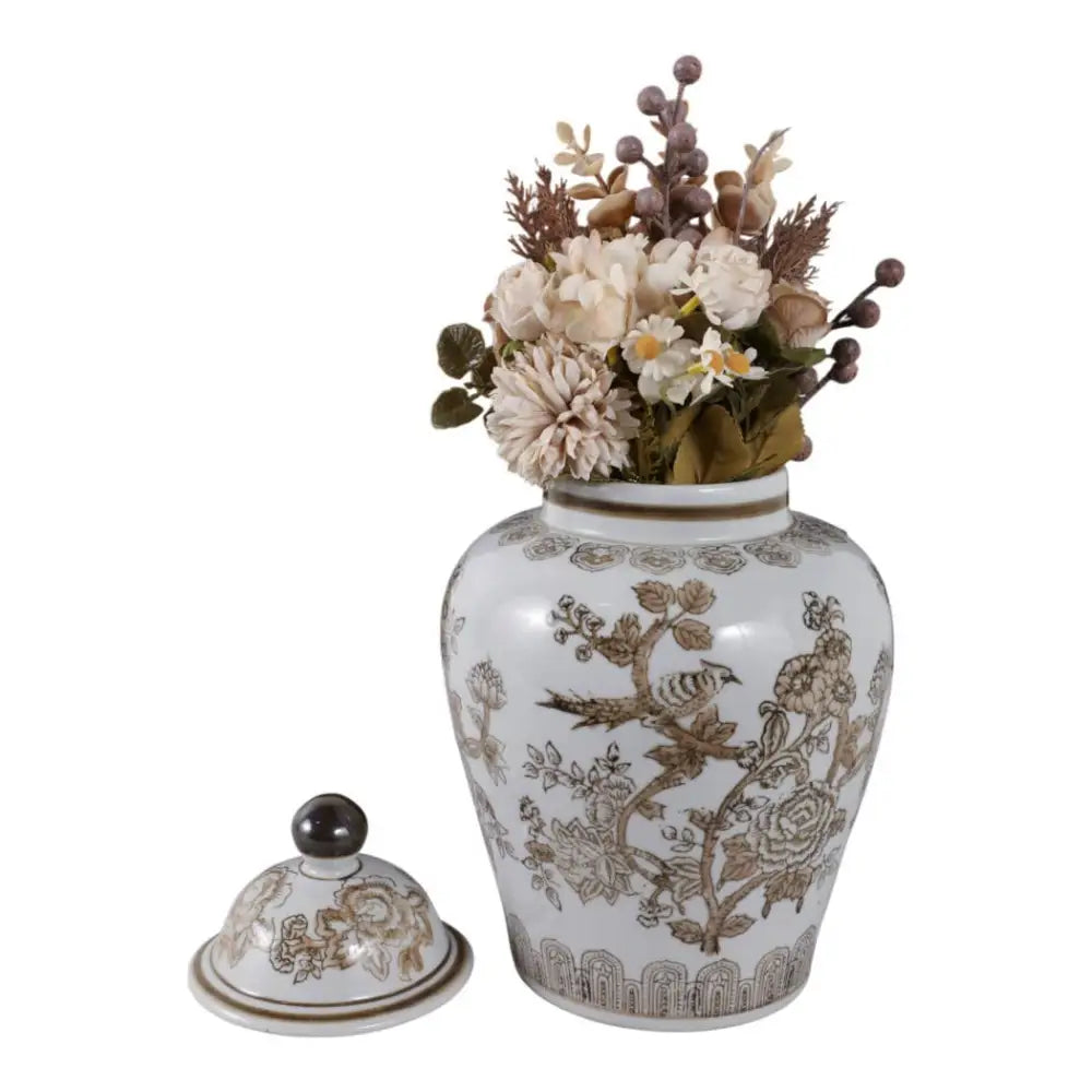 Decorative Jar - Brown/White Ceramic Chinoiserie Bird 12