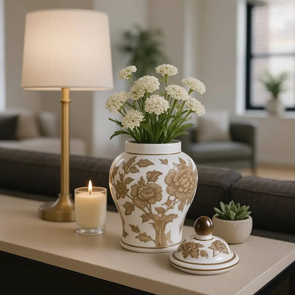 Decorative Jar - Brown & White Ceramic Tall with Lid 8 in.