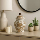Decorative Jar - Brown & White Ceramic Tall with Lid 8 in.