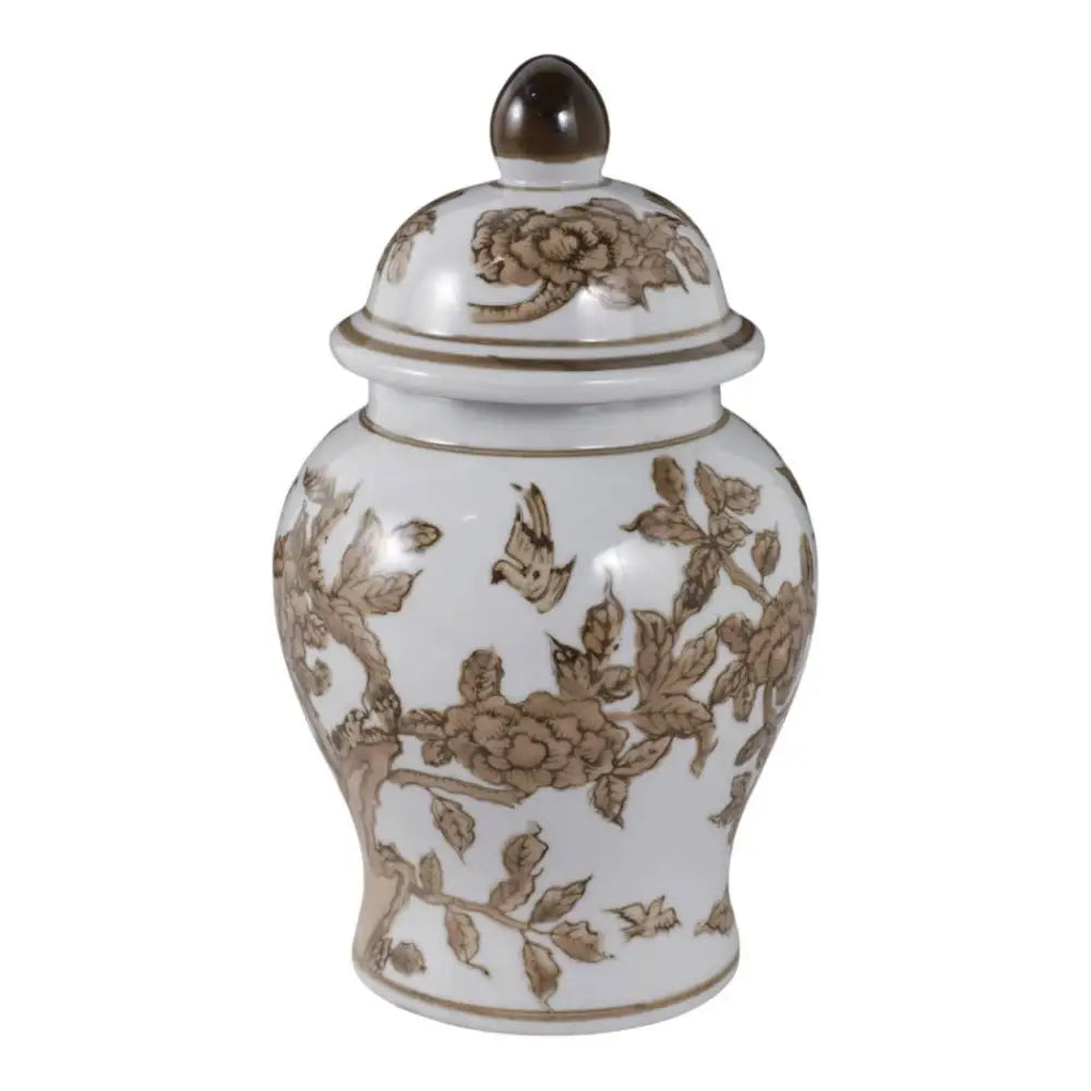 Decorative Jar - Brown & White Ceramic Tall with Lid 8 in.
