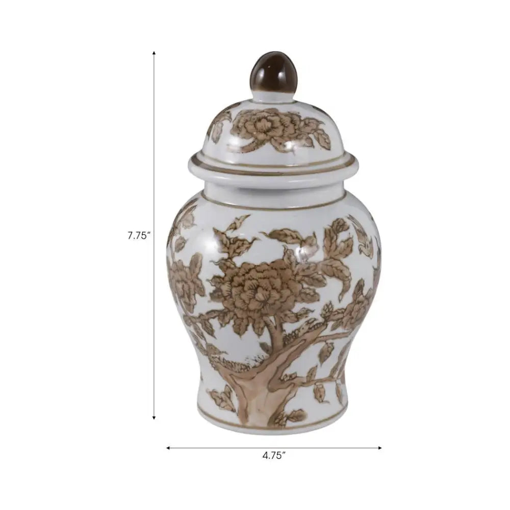 Decorative Jar - Brown & White Ceramic Tall with Lid 8 in.