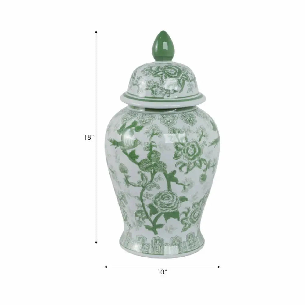 Decorative Jar - Green Ceramic Bird Flower Tall 18 in.