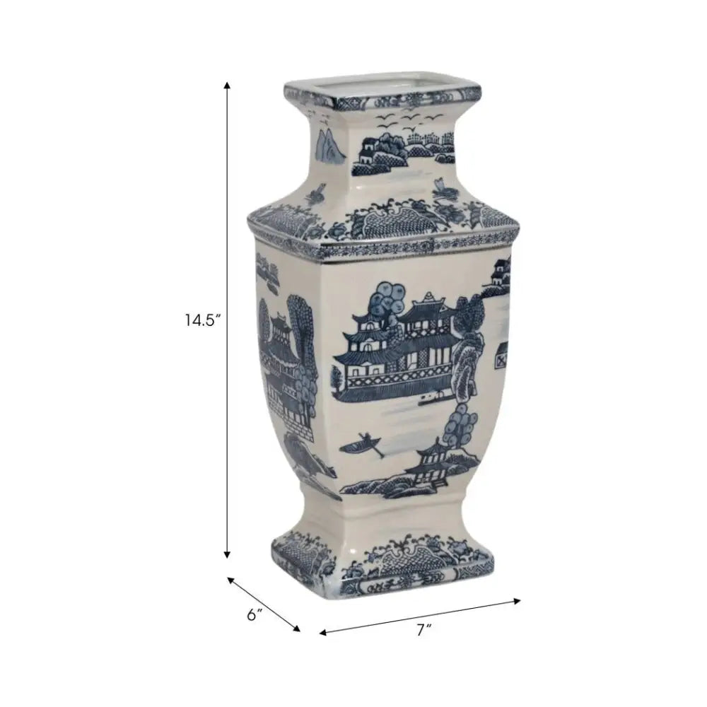 Decorative Vase- Blue Ceramic Chinoiserie Temple 15 in.