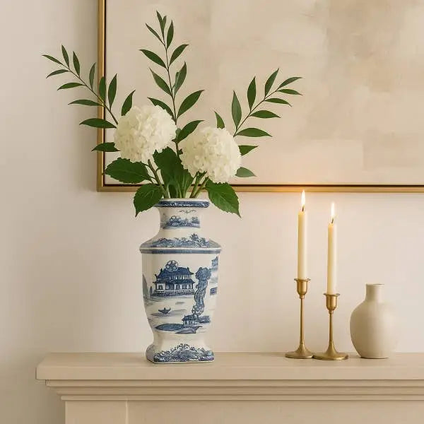 Decorative Vase- Blue Ceramic Chinoiserie Temple 15 in.