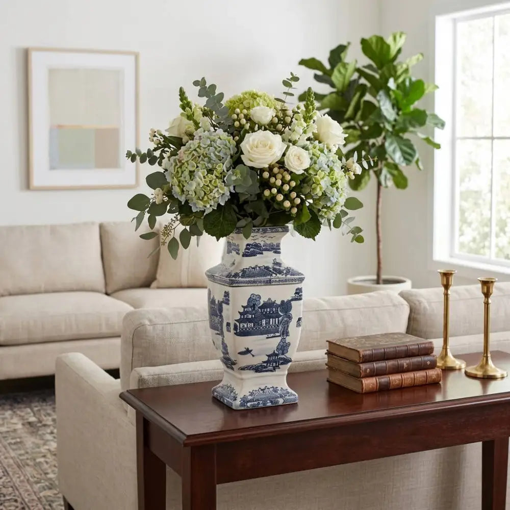 Decorative Vase- Blue Ceramic Chinoiserie Temple 15 in.