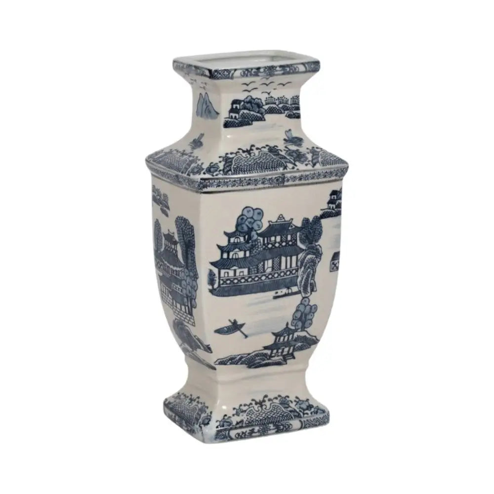 Decorative Vase- Blue Ceramic Chinoiserie Temple 15 in.
