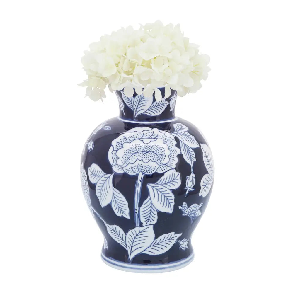 Decorative Vase - Blue Ceramic Floral Round Chinoiserie 9in