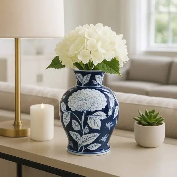 Decorative Vase - Blue Ceramic Floral Round Chinoiserie 9in