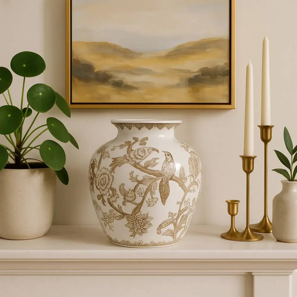 Decorative Vase - Brown/White Ceramic Bird and Vines 10 in.