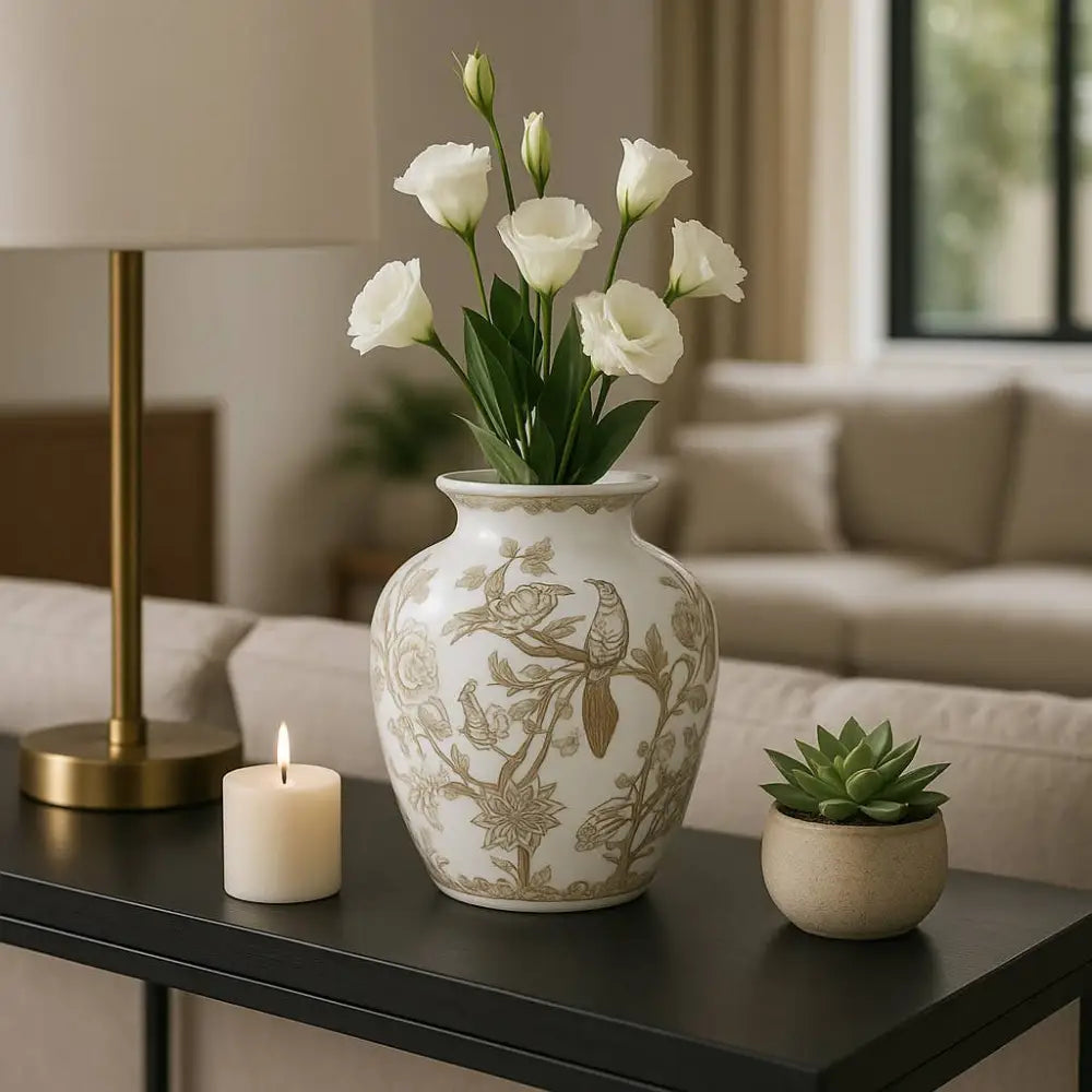 Decorative Vase - Brown/White Ceramic Bird and Vines 10 in.