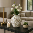 Decorative Vase - Brown/White Ceramic Bird and Vines 10 in.