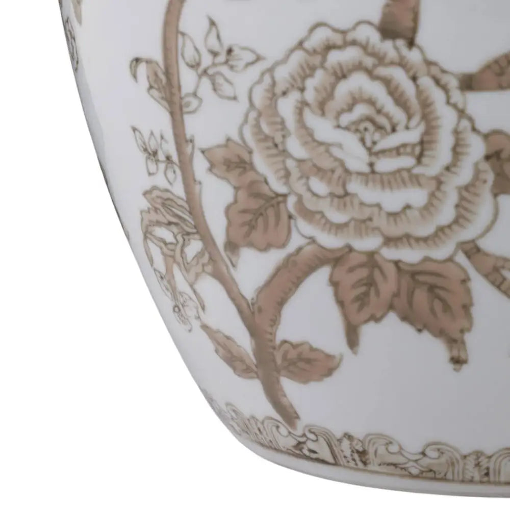 Decorative Vase - Brown/White Ceramic Bird and Vines 10 in.