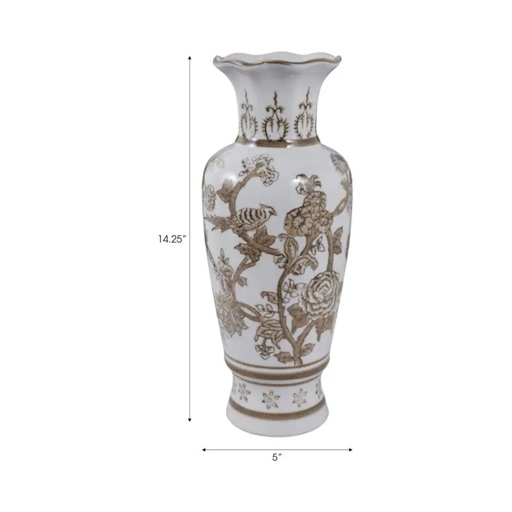 Decorative Vase - Brown/White Ceramic Bird and Vines 12 in.