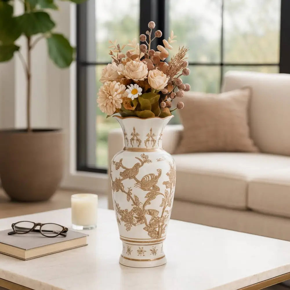 Decorative Vase - Brown/White Ceramic Bird and Vines 12 in.