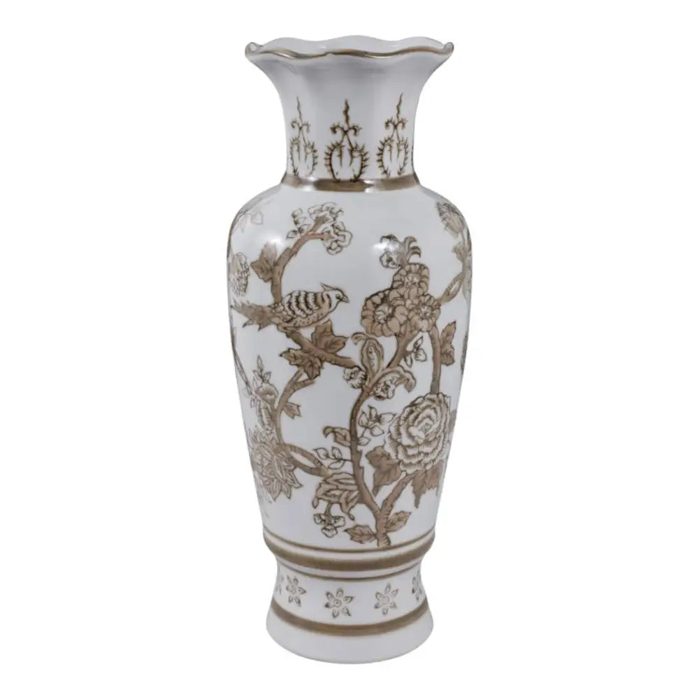 Decorative Vase - Brown/White Ceramic Bird and Vines 12 in.