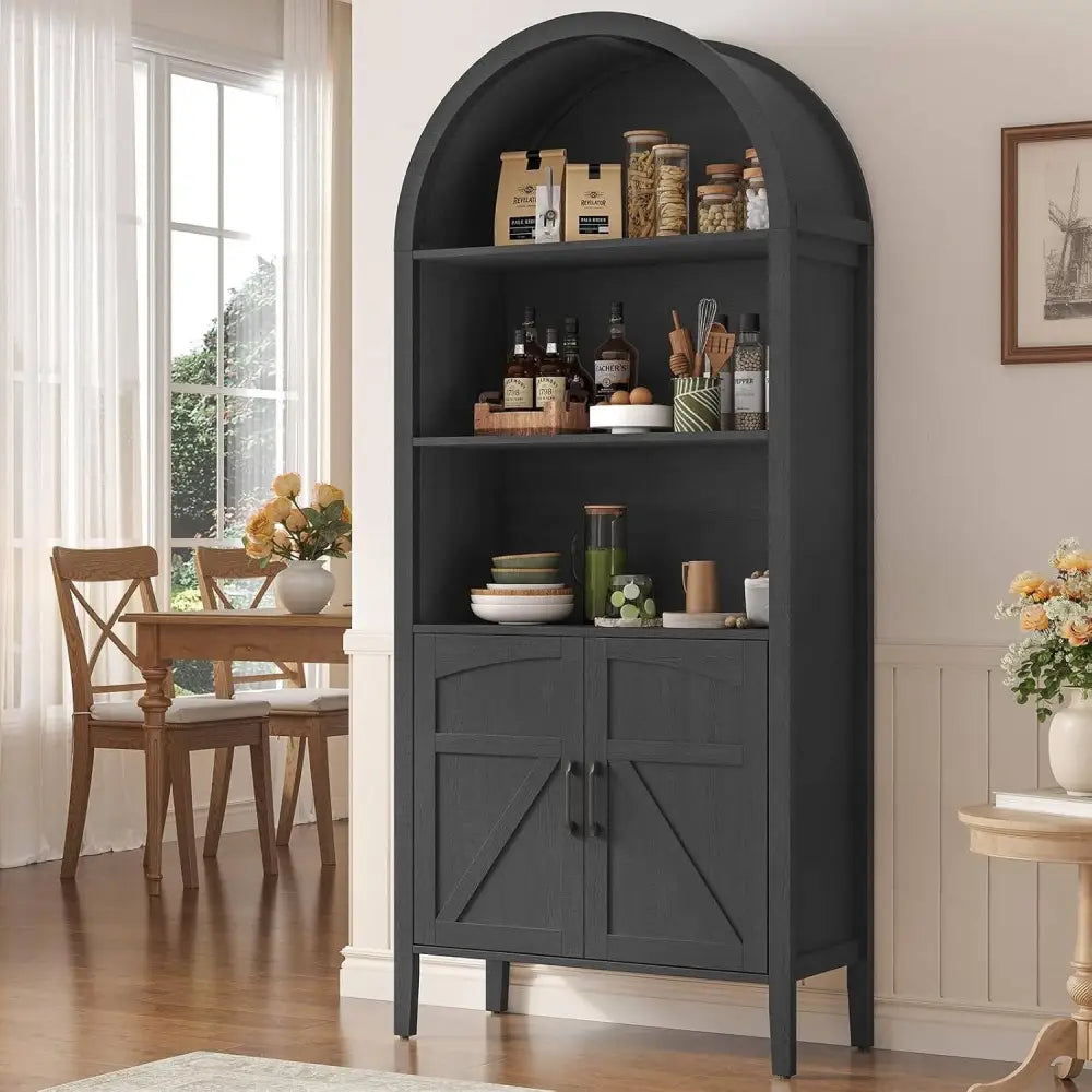 Elegant Arched Bookshelf Seventy One Inch With Door Storage Cabinet - Black
