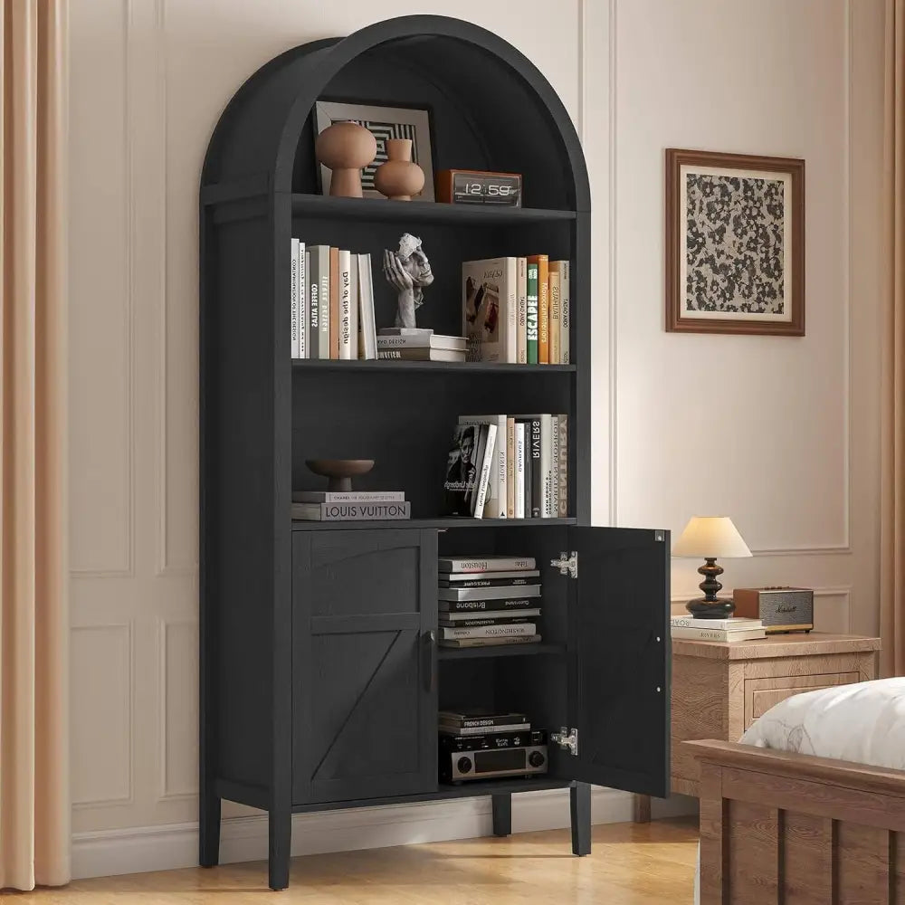 Elegant Arched Bookshelf Seventy One Inch With Door Storage Cabinet - Black